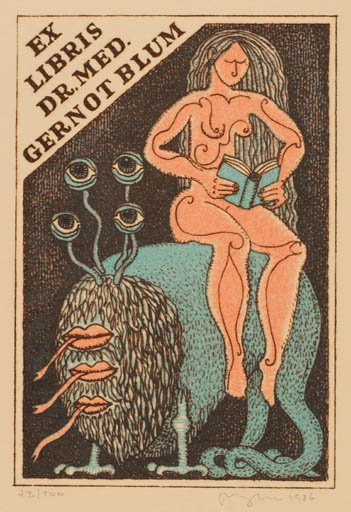 Exlibris by Vaclav Rykr from Czech Republic for Dr. Gernot Blum - Book Fairytale/fable Fable Animal Woman Nude 