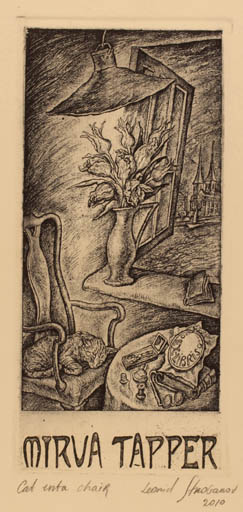 Exlibris by Leonid Stroganov from Russia for Mirva Tapper - Interior Cat 