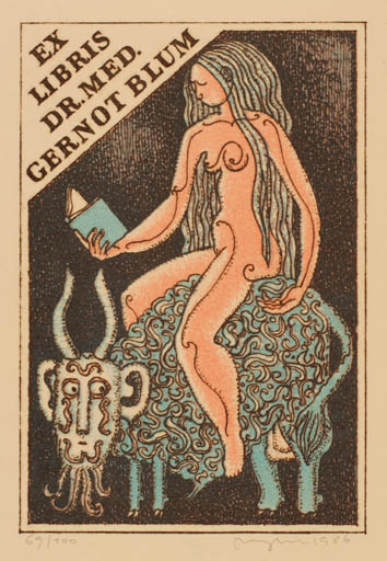 Exlibris by Vaclav Rykr from Czech Republic for Dr. Gernot Blum - Book Europa and the Bull Fairytale/fable Woman Nude 