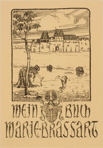 Exlibris by Hans Secher from Czech Republic for Marie Brassart - Castle/Palace Dog Woman Scenery/Landscape 