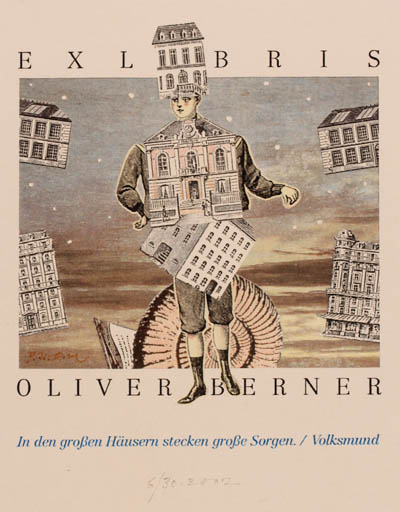 Exlibris by Peter Israel from Germany for Oliver Berner - Castle/Palace Man Surrealism 