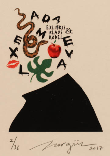 Exlibris by Nurgül Arikan from Turkey for Klaus Rödel - Adam and Eve 