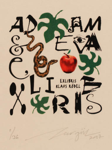 Exlibris by Nurgül Arikan from Turkey for Klaus Rödel - Adam and Eve 