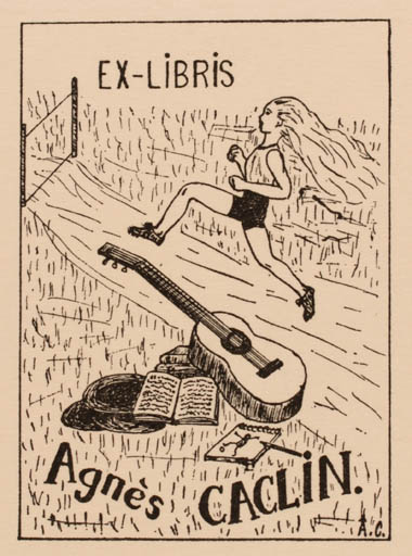 Exlibris by Antoinette Caclin from France for Agnés Caclin - Woman Music Sport/game 