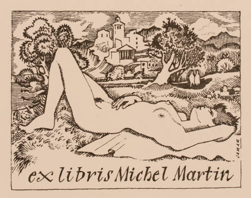 Exlibris by Michel Jamar from France for Michel Martin - Woman Scenery/Landscape Nude 