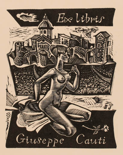 Exlibris by Michel Jamar from France for Giuseppe Cauti - City Woman Nude 