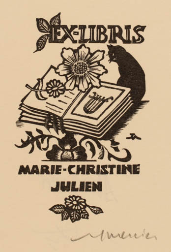 Exlibris by Jocelyn Mercier from France for Marie-Christine Julien - Flower Book Cat 