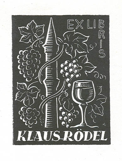 Exlibris by Jenö Kertes-Kollmann from Hungary for Klaus Rödel - Wine 