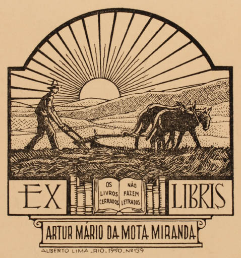 Exlibris by Alberto Lima from Brazilien for Artur Mario Da Mota Miranda - Working Book Scenery/Landscape Sun 