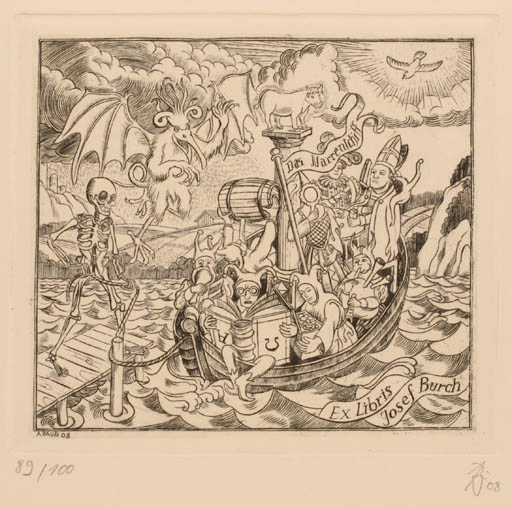 Exlibris by Andreas Raub from Germany for Josef Burch - Mythology Ship/Boat Surrealism 