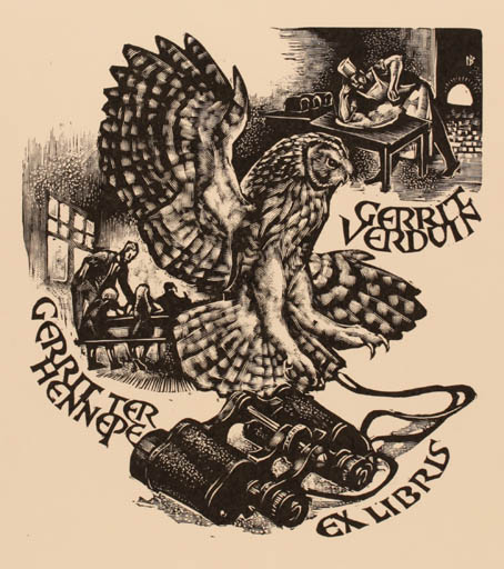 Exlibris by Leslie Benenson from Great Britain for Gerrit H. ter Hennepe - Bird Owl 