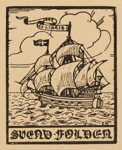 Exlibris by Ebba Holm from Denmark for Svend Folden - Maritime Ship/Boat 