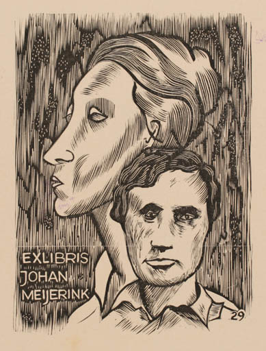 Exlibris by Cees Andriessen from Netherland for Johan Meijerink - Woman Man Portrait 