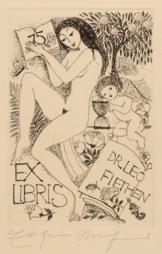 Exlibris by Elfriede Weidenhaus from Germany for Leo Fiethen - Angel Woman Nude 