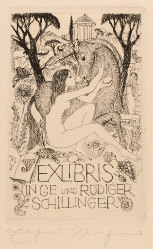 Exlibris by Elfriede Weidenhaus from Germany for Inge und Rüdiger Schillinger - Horse Woman 