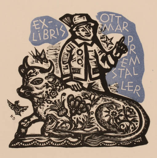 Exlibris by Nelly Degouy from Belgium for Ottmar Premstaller - Fauna Man 