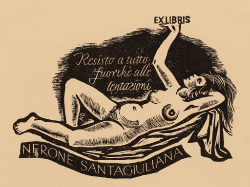 Exlibris by Nelly Degouy from Belgium for Dr. Nerone Santagiuliana - Woman Nude 