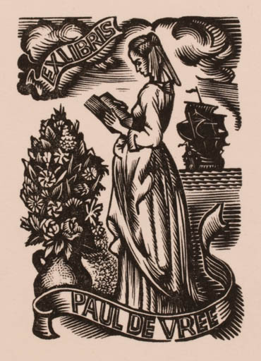 Exlibris by Luc de Jaegher from Belgium for Paul de Vree - Flower Woman Ship/Boat 