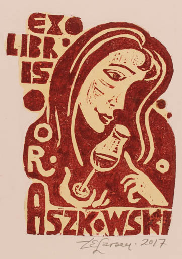 Exlibris by Torill  Elisabeth Larsen from Norway for Rajmund Aszkowski - Woman Wine 