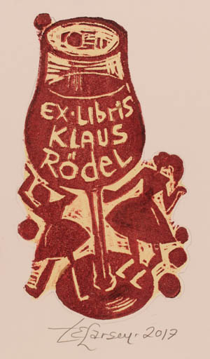 Exlibris by Torill  Elisabeth Larsen from Norway for Klaus Rödel - Woman Wine 