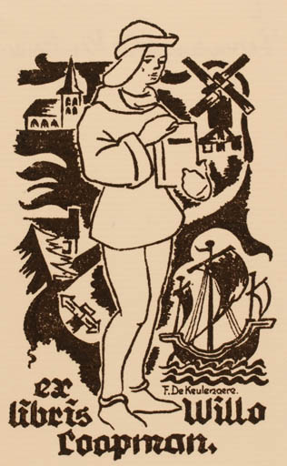 Exlibris by Ferdmand de Keulenaere from Belgium for Willo Coopman - Book Church Man Mill Ship/Boat 