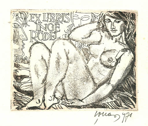 Exlibris by Evald Okas from Estonia for Inge Rödel - Woman Nude 