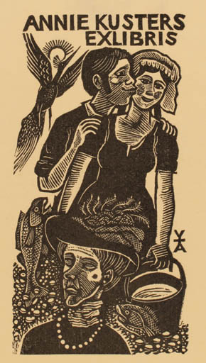 Exlibris by Antoon Vermeylen from Belgium for Annie Kusters - Bird Phoenix Couple Romance 