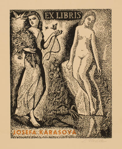 Exlibris by Ladislav Vlodek from Czech Republic for Josefa Karasova - Flower Woman Nude 