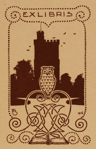 Exlibris by Arthur Sjögren from Sweden for A.D.J. J. - Castle/Palace Owl 