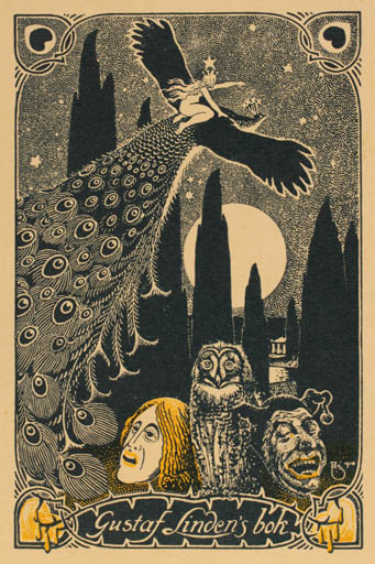 Exlibris by Arthur Sjögren from Sweden for Gustaf Linden - Fairytale/fable Jugend Owl 