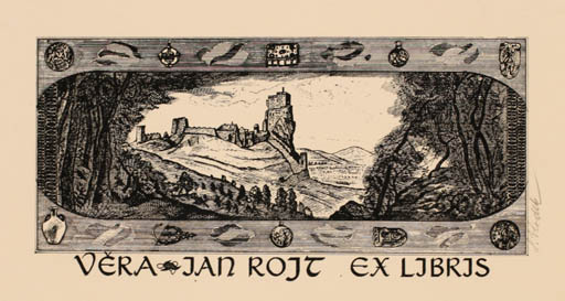 Exlibris by Ladislav Vlodek from Czech Republic for Vera + Jan Rojt - Mountain Castle/Palace Scenery/Landscape 