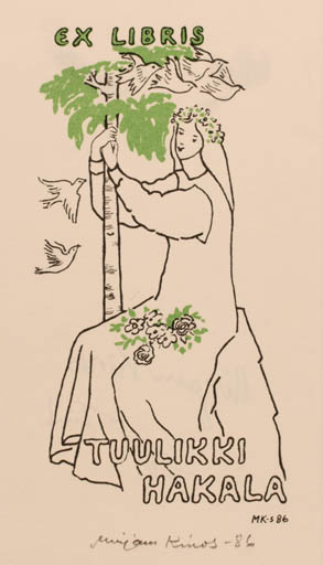 Exlibris by Mirjam Kinos from Finland for Tuulikki Hakala - Bird Woman 