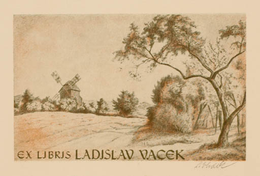Exlibris by Ladislav Vlodek from Czech Republic for Ladislav Vacek - Scenery/Landscape Mill Tree 