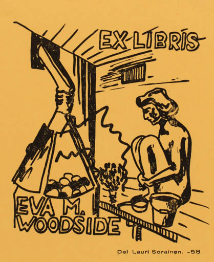 Exlibris by Lauri Sorainen from Finland for Eva M Woodside - Woman 