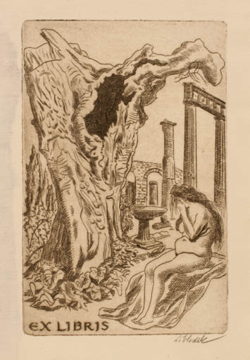 Exlibris by Ladislav Vlodek from Czech Republic for ? Vor der Schrift - Classical antiquity Woman Nude Ruin Tree 