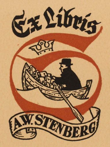 Exlibris by Erkki Tanttu from Finland for A.W. Stenberg - Man Ship/Boat 