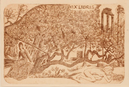 Exlibris by Ladislav Vlodek from Czech Republic for ? Vor der Schrift - Classical antiquity Woman Ruin Tree 