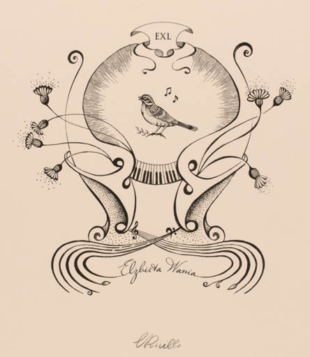 Exlibris by Ewelina Rivillo from Poland for E. Wania - Bird Music 