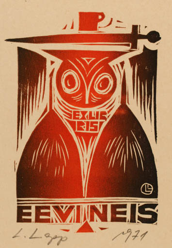 Exlibris by Lembit Lepp from Estonia for E Evineis - Bird Owl 