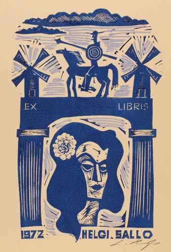 Exlibris by Lembit Lepp from Latvia for Helgi Sallo - Don Quijote Mill Portrait Knight 