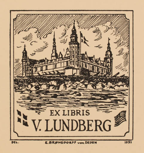 Exlibris by Erik Brønsdorff von Deden from Denmark for V Lundberg - Castle/Palace 