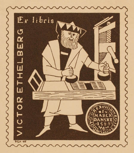 Exlibris by H C Skov from Denmark for Victor Ethelberg - Working Printing technique 