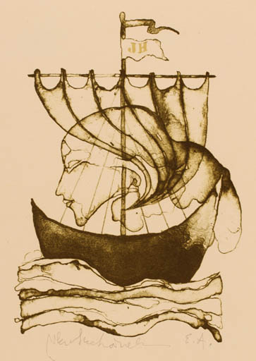 Exlibris by Vladimir Suchanek from Czech Republic for J. H. - Woman Portrait Ship/Boat 