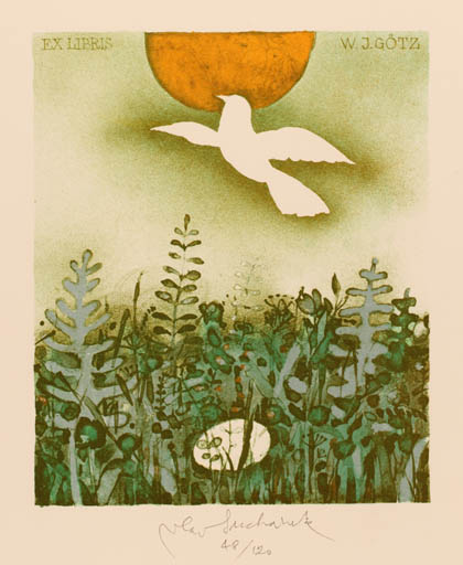 Exlibris by Vladimir Suchanek from Czech Republic for W. J. Götz - Bird Sun 