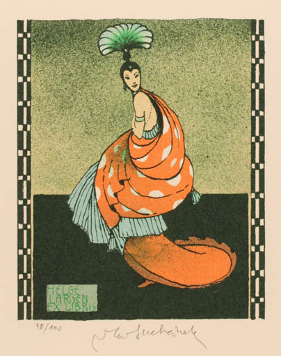 Exlibris by Vladimir Suchanek from Czech Republic for Helge Larsen - Woman Oriental 