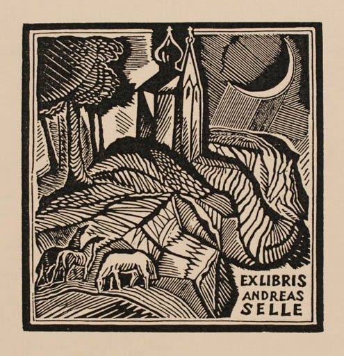 Exlibris by W. W. Kortowitsch from Russia for Andreas Selle - Horse Church Scenery/Landscape 