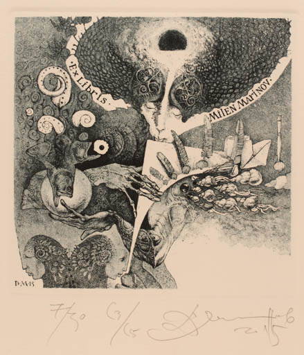 Exlibris by Dimo Milanov from Bulgaria for Milen Marinov - Fauna Fish Woman Man Surrealism 