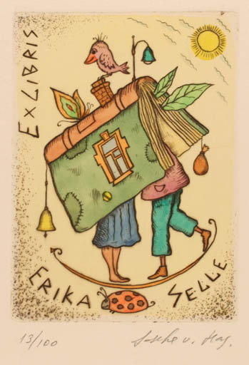 Exlibris by Sascha von Hagemeister from Russia for Erika Selle - Book Couple Sun 