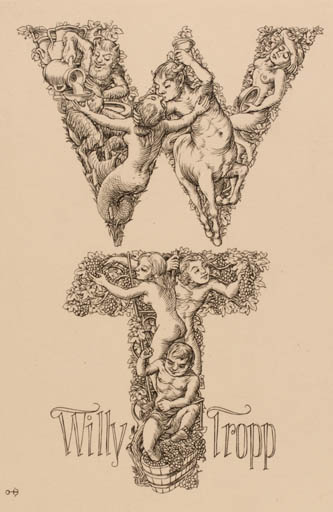 Exlibris by Ottohans Beier from Germany for Dr. Willy Tropp - Pan/Faun Wine 