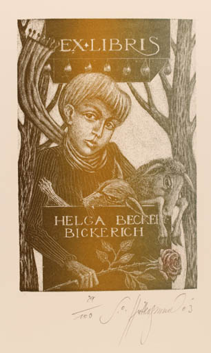 Exlibris by Siegfred Otto Hüttengrund from Germany for Helga  Becker-Bickerich - Flower Woman 